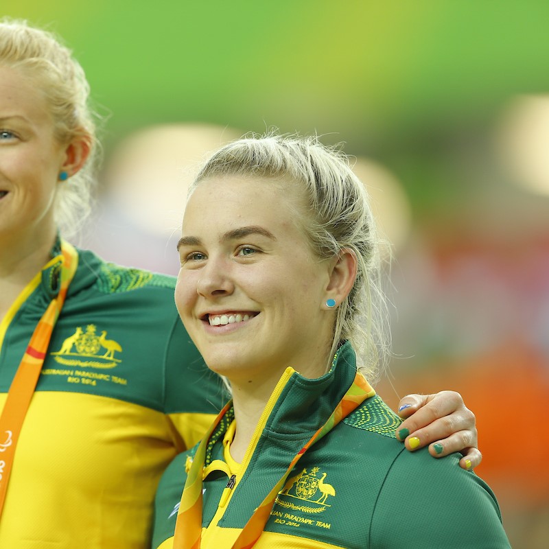 Female Cyclist Madison Janssen standing with Jessica Gallagher for the 2016 Rio Paralympic Games