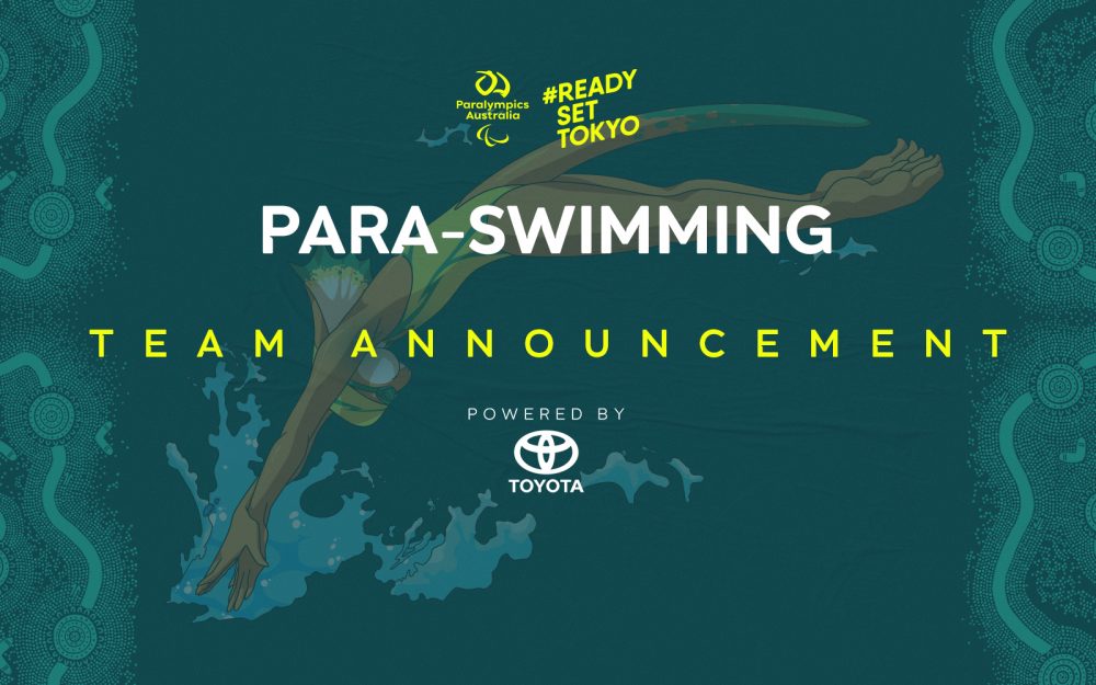 A dark green background with the Australian Paralympic Team mascot, Lizzie the Frilled Neck Lizard, diving head first into water. At the top of the image in the middle is the Paralympics Australia logo with the words #ReadySetTokyo in gold to its right. Below this is the text: Para-swimming Team Announcement powered by Toyota.