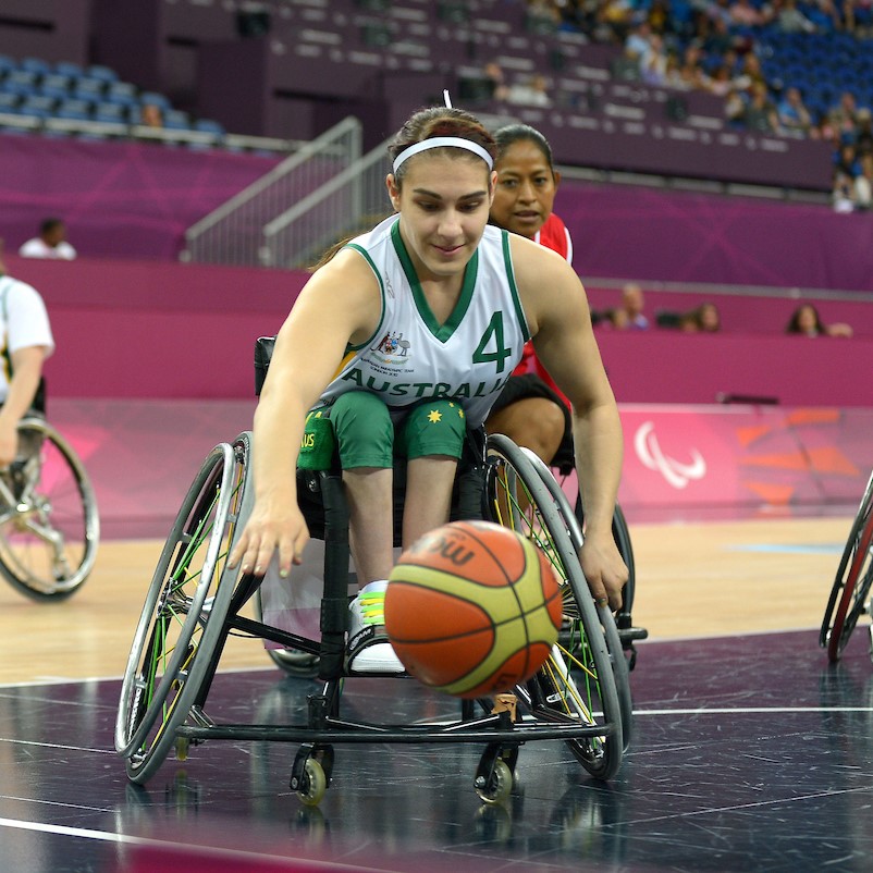 Female Wheelchair Basketball Para-Athlete Sarah Vinci on the court