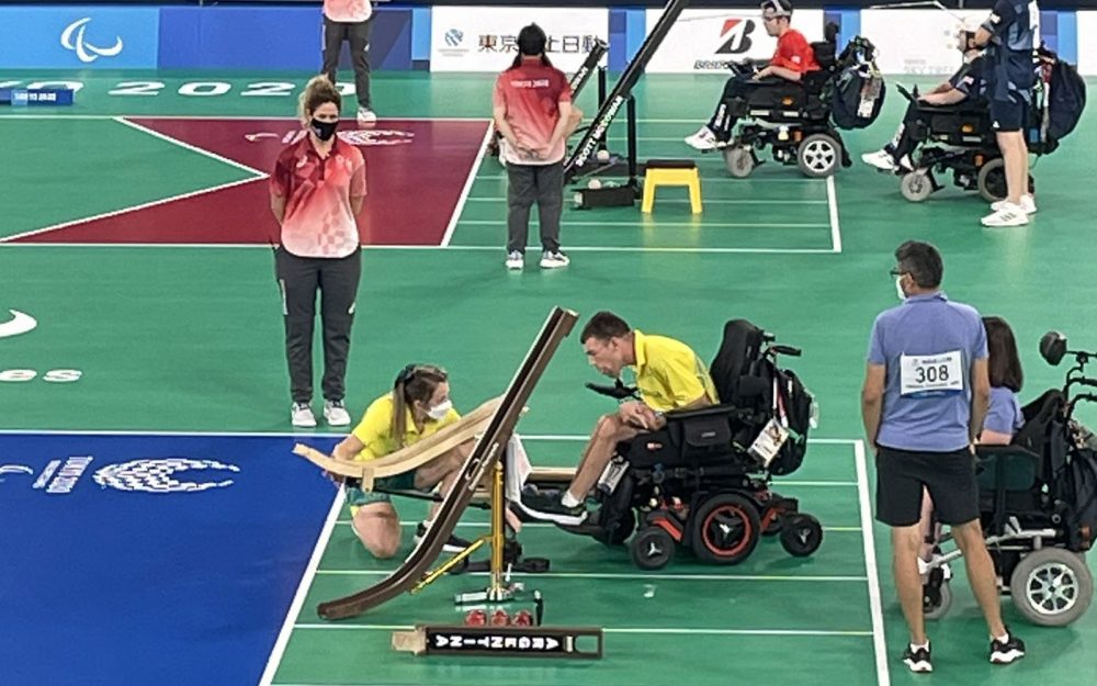 Competitors in a Boccia competition