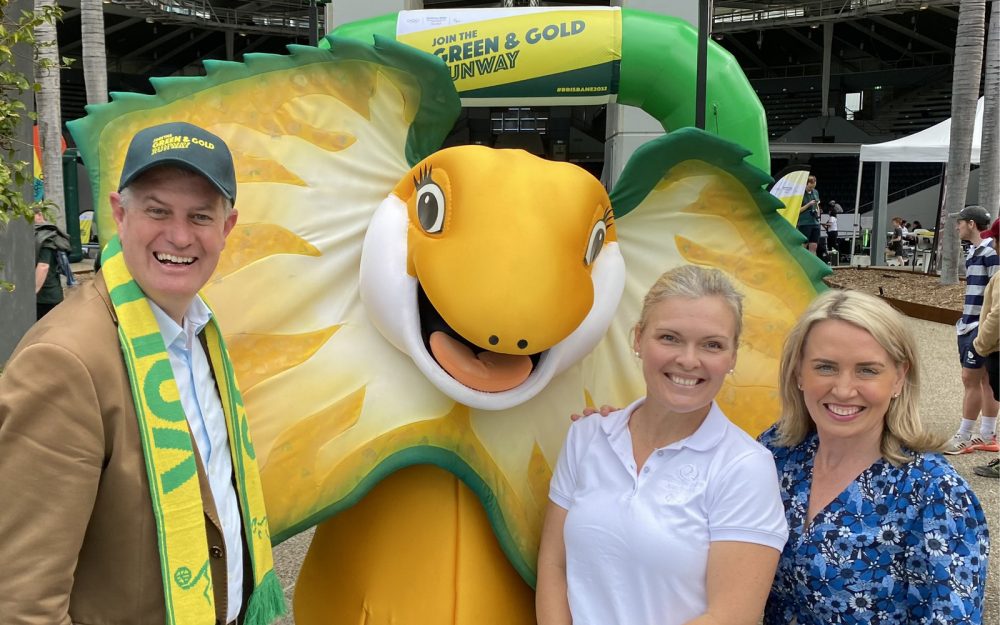 Left to right: Stirling Hinchcliffe MP - QLD Minister for Sport and Minister Assisting the Premier on Olympics and Paralympics Sport And Engagement, Lizzie the Australian Paralympic Team mascot, Catherine Clark - CEO Paralympics Australia and Paralympics Austraia Board Member Kate Jones