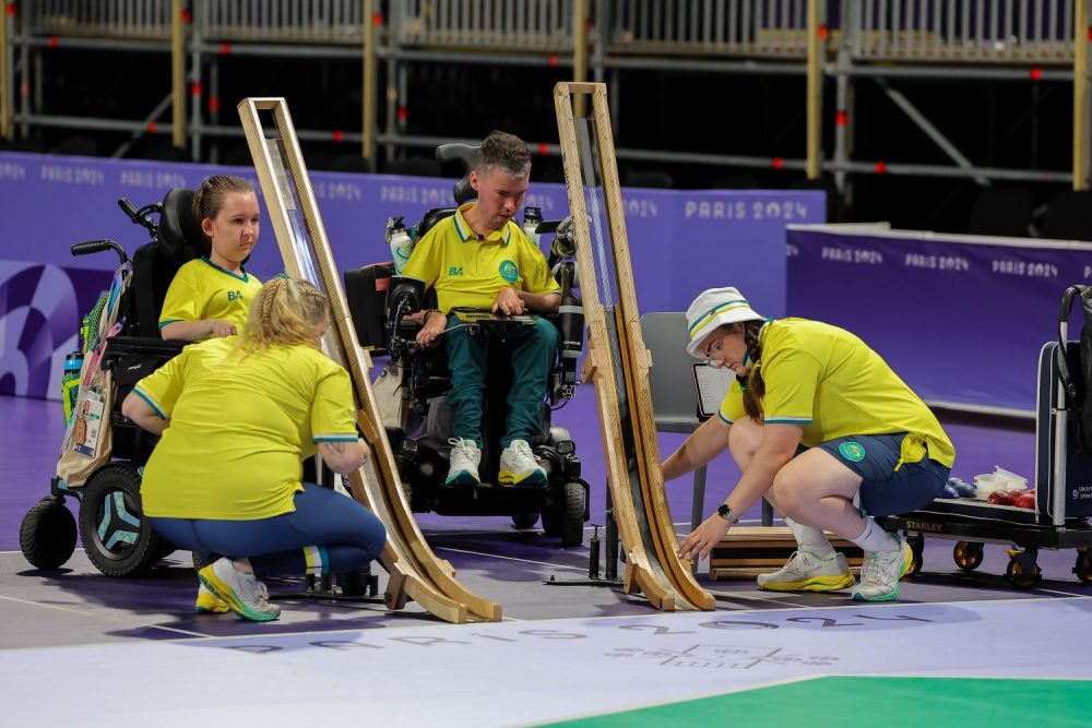 Dan Michel and Jamieson Leeson competing in Boccia at the Paris Paralympic Games.