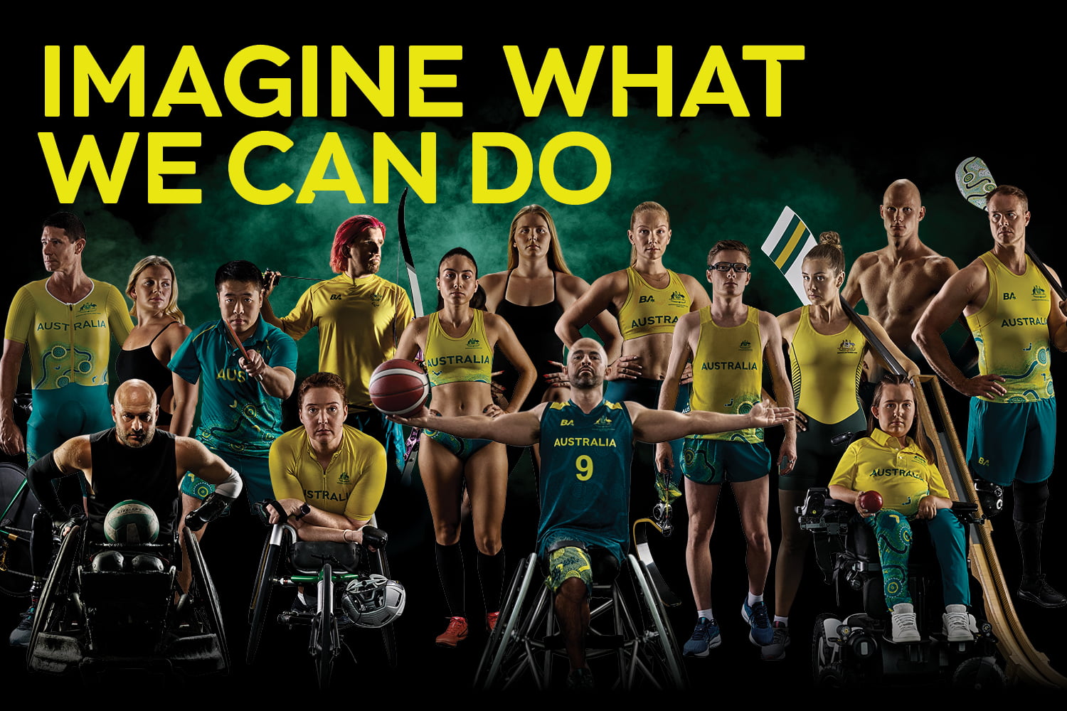 A group of 15 para-athletes in dramatic pose. Text reads: Imagine What We Can Do